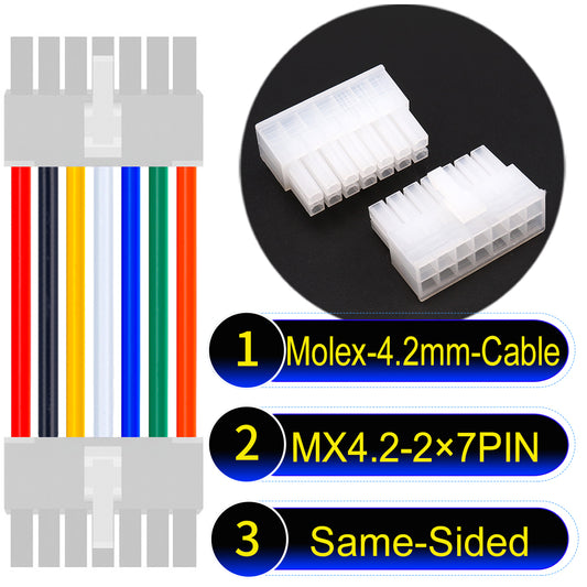 Molex MX4.2mm Dual Row 2×7Pin Mini-Fit Jr Male Same-Side-Head Cable, 18AWG UL1007 PVC-certified material, perfect for efficient and durable connections.