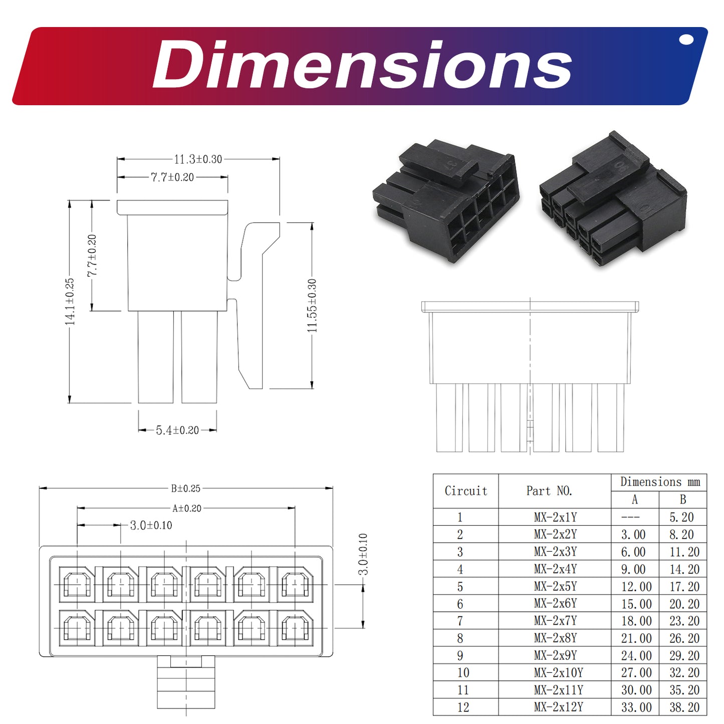 Overview of all components included in the Molex Micro-Fit MX3.0mm connector kit