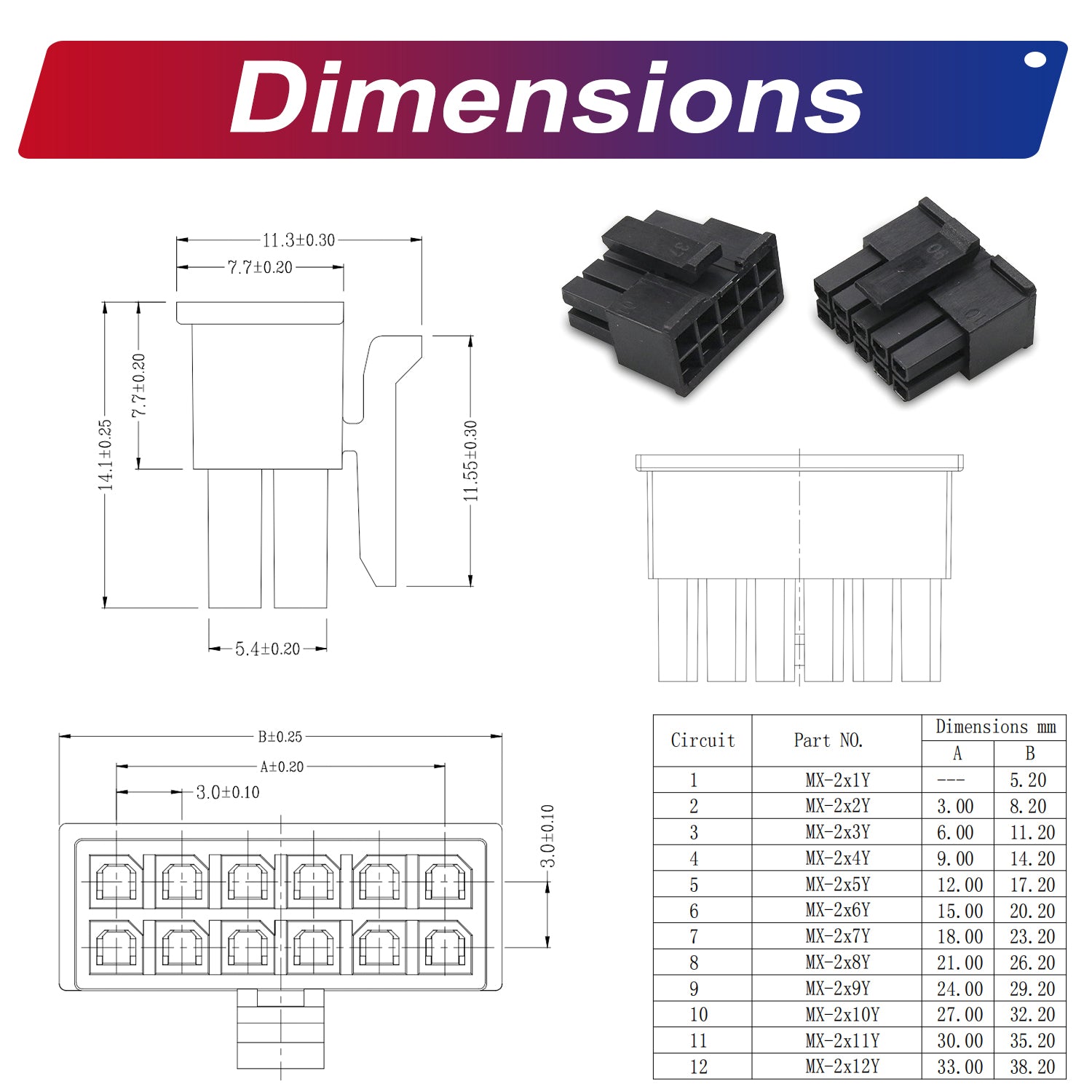 Overview of all components included in the Molex Micro-Fit MX3.0mm connector kit