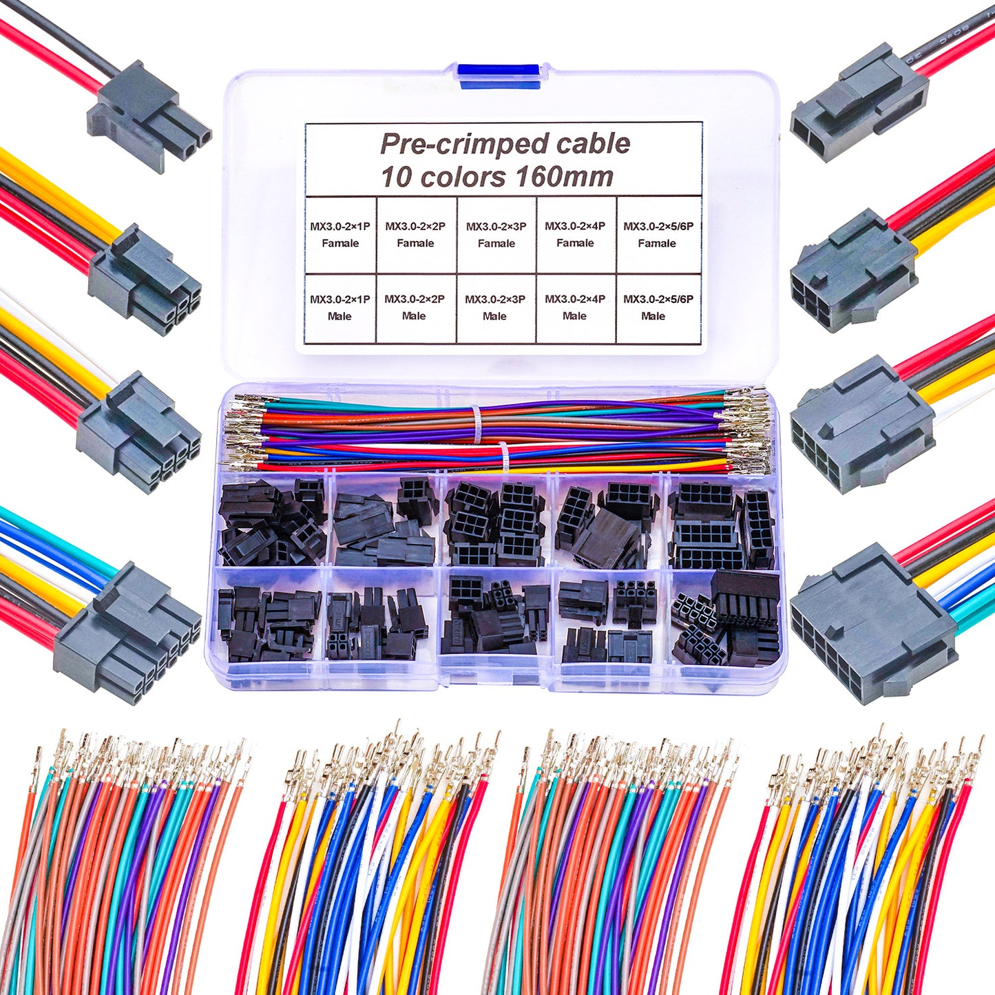 Complete Molex Micro-Fit MX3.0mm connector kit with premium 22AWG pre-crimped cables