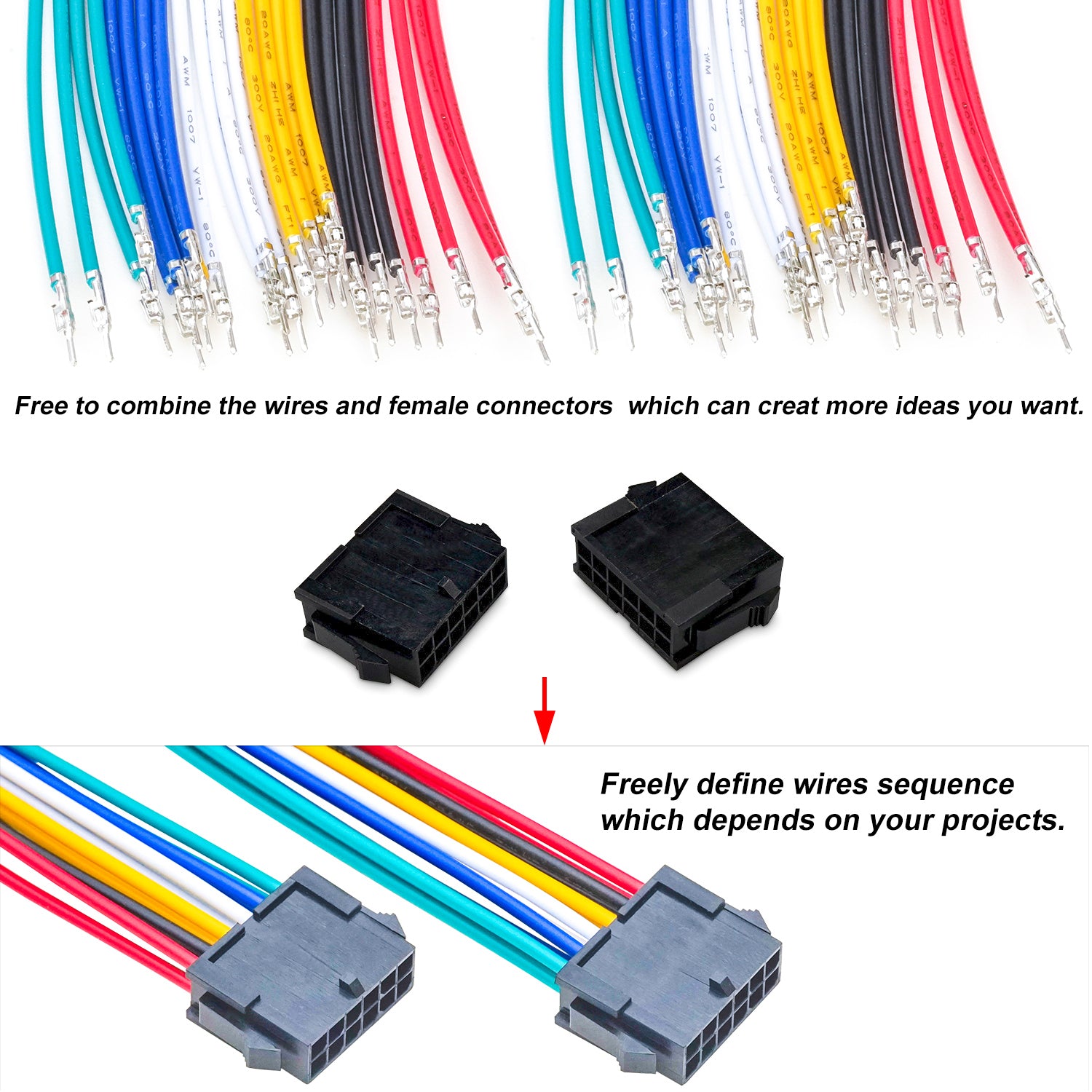 Molex Micro-Fit MX3.0mm connector kit with 22AWG pre-crimped wires used in DIY electronics and wiring projects