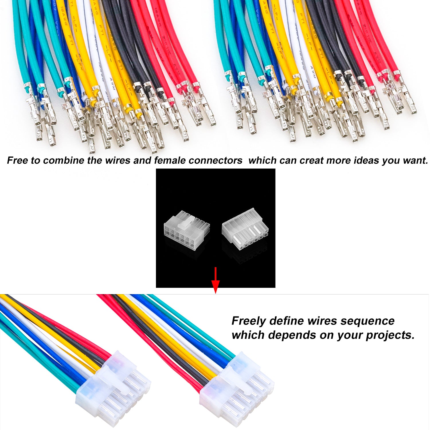 Different color options of 20AWG PVC wires used with Molex Mini-Fit Jr 4.2mm connectors