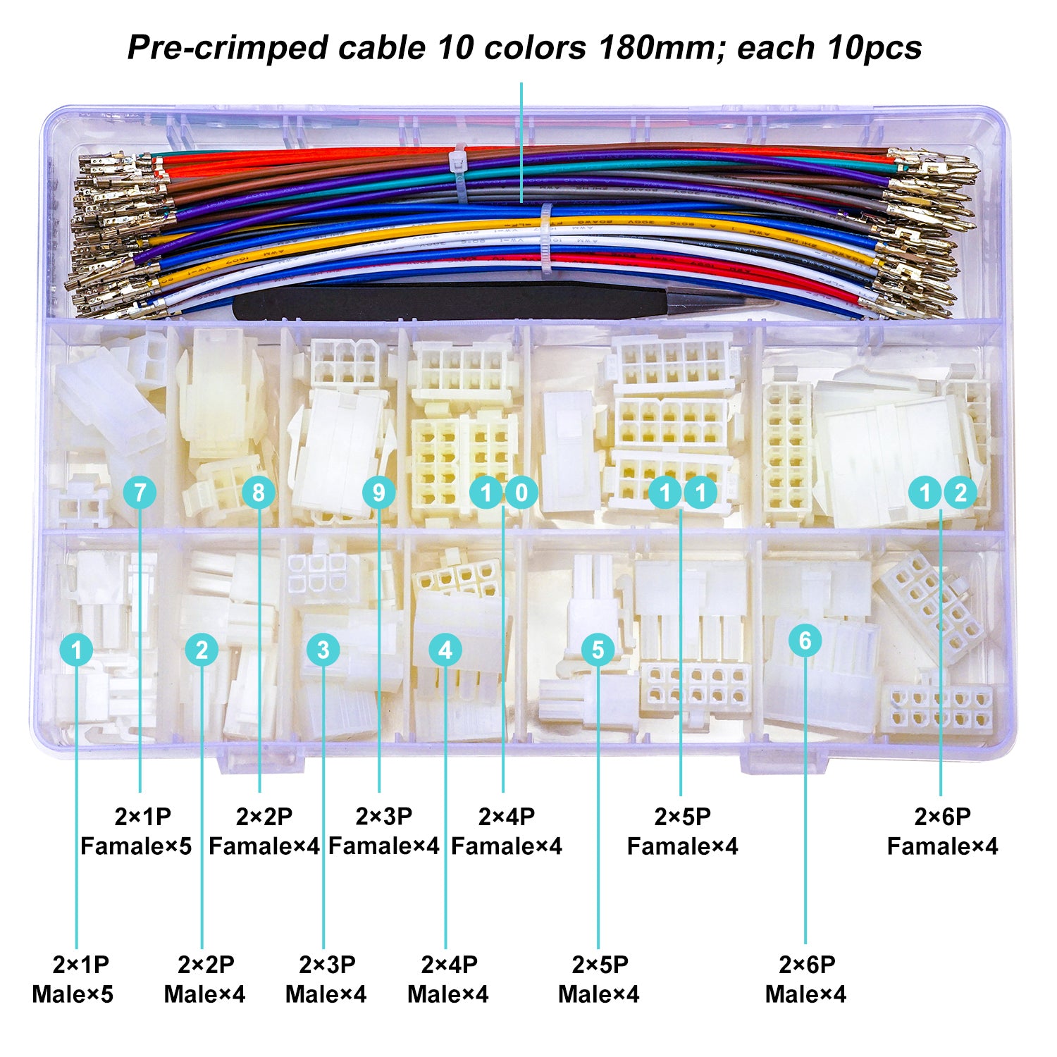 Close-up of Molex Mini-Fit Jr 4.2mm male connector attached to 20AWG PVC cable