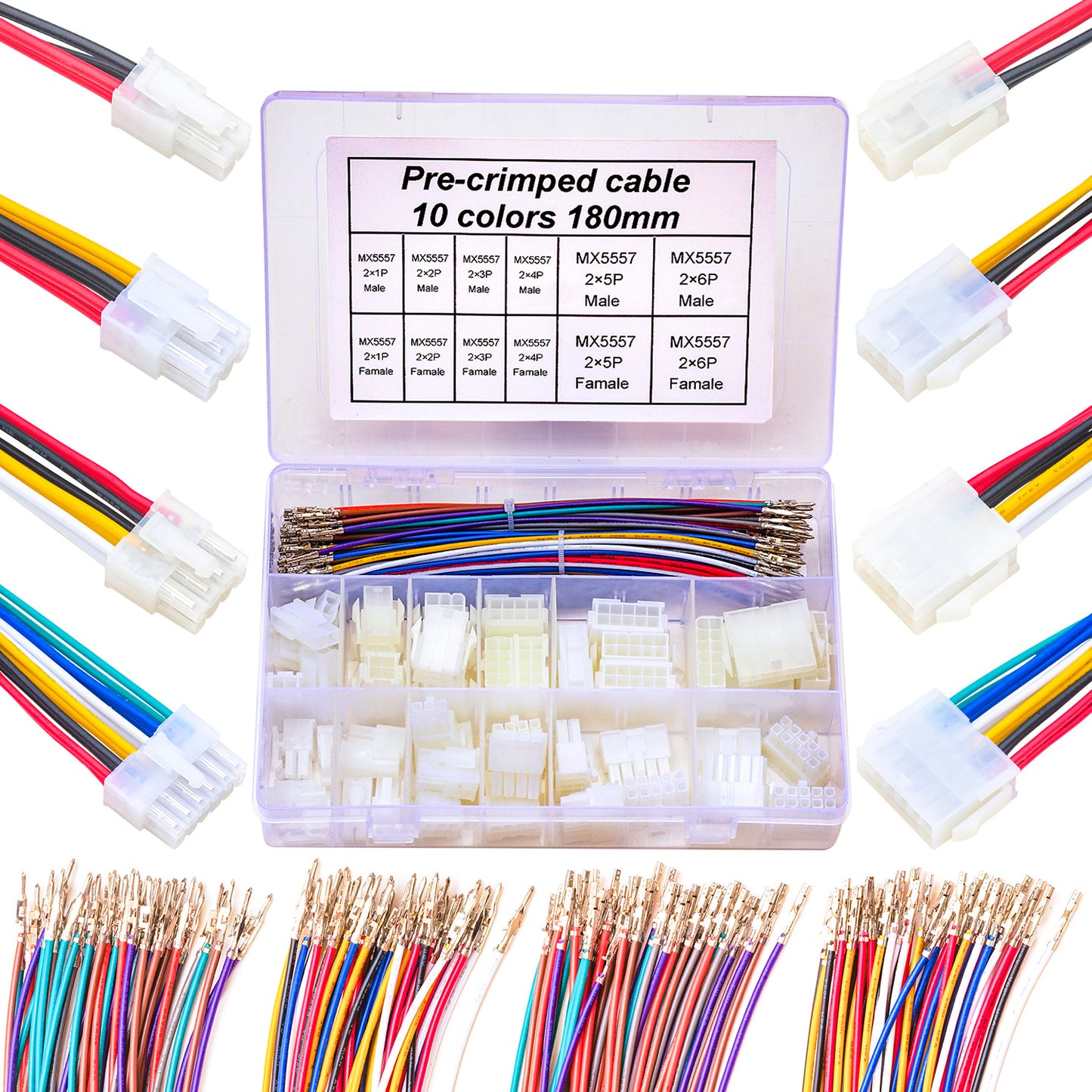 Overview of Molex Mini-Fit Jr 4.2mm male and female connector extension cable kit with 20AWG PVC wires