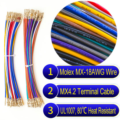 Molex Mini-Fit Jr 4.2mm pre-crimped terminal cable, UL1007 PVC, 18AWG, ideal for power applications, automotive, and industrial systems.