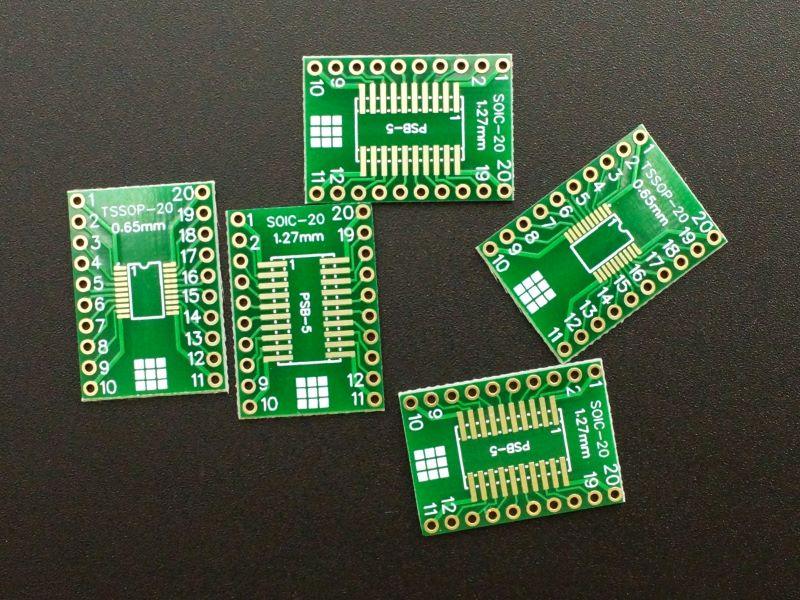 PCB, SOIC/TSSOP-20 to DIP Adapter ENIG w/ Pins