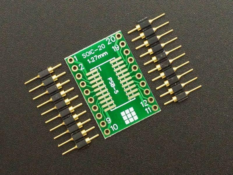 PCB, SOIC/TSSOP-20 to DIP Adapter ENIG w/ Pins