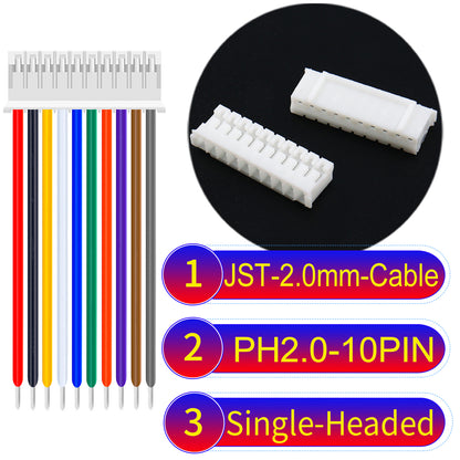 JST PH2.0 10Pin Single-Headed cable, 2.54mm pitch, 22AWG copper wire, UL1007 certified, ideal for home appliances, electrical systems, and LED lighting applications.