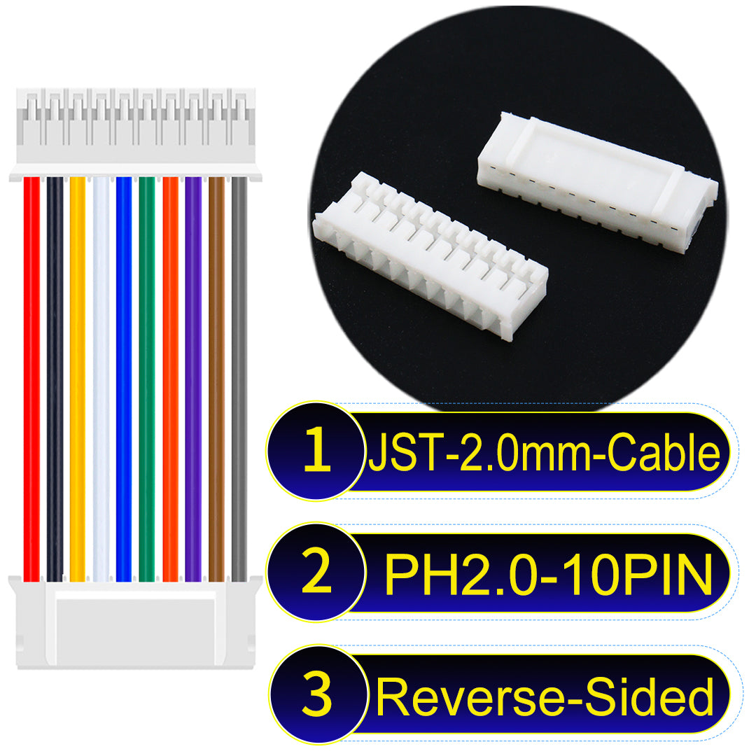 High-quality JST PH2.0 10Pin Reverse-Side-Head cable, made with UL1007-certified PVC, compatible with various devices.