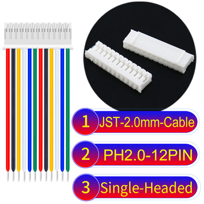 JST PH2.0 12Pin Single-Headed cable, 2.54mm pitch, 22AWG copper wire, UL1007 certified, ideal for home appliances, electrical systems, and LED lighting applications.