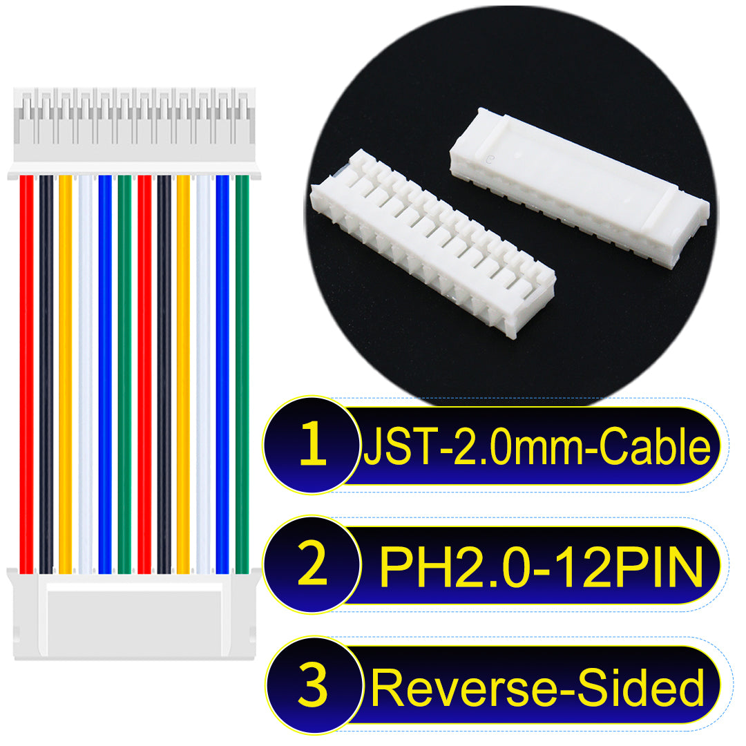 High-quality JST PH2.0 12Pin Reverse-Side-Head cable, made with UL1007-certified PVC, compatible with various devices.