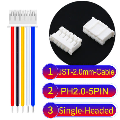 JST PH2.0 5Pin Single-Headed cable, 2.54mm pitch, 22AWG copper wire, UL1007 certified, ideal for home appliances, electrical systems, and LED lighting applications.
