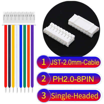 JST PH2.0 8Pin Single-Headed cable, 2.54mm pitch, 22AWG copper wire, UL1007 certified, ideal for home appliances, electrical systems, and LED lighting applications.