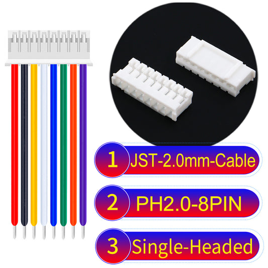 JST PH2.0 8Pin Single-Headed cable, 2.54mm pitch, 22AWG copper wire, UL1007 certified, ideal for home appliances, electrical systems, and LED lighting applications.