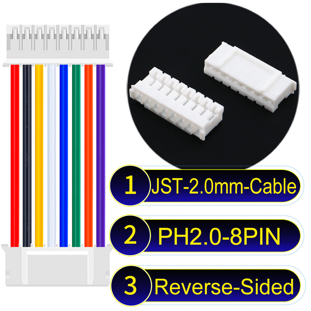 High-quality JST PH2.0 8Pin Reverse-Side-Head cable, made with UL1007-certified PVC, compatible with various devices.