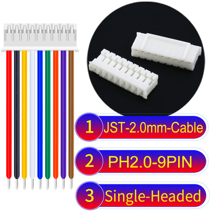 JST PH2.0 9Pin Single-Headed cable, 2.54mm pitch, 22AWG copper wire, UL1007 certified, ideal for home appliances, electrical systems, and LED lighting applications.