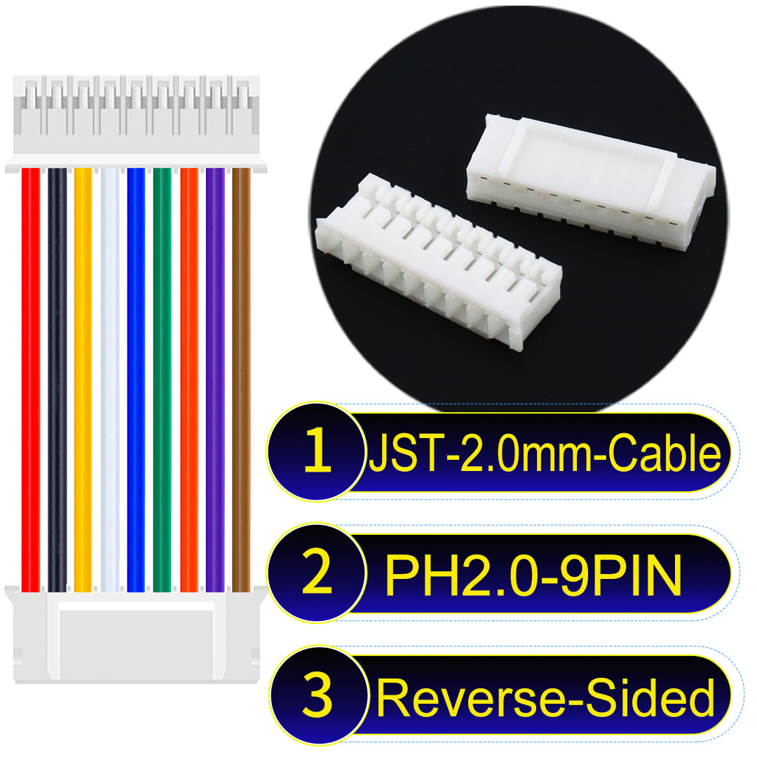 High-quality JST PH2.0 9Pin Reverse-Side-Head cable, made with UL1007-certified PVC, compatible with various devices.