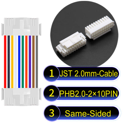 High-quality JST PHB2.0 2¡Á10Pin Same-Side-Head Dual Row with Belt Lock cable ing mechanism, 22AWG UL1007 material, suitable for LED, sensors, and industrial devices.