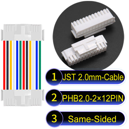 High-quality JST PHB2.0 2¡Á12Pin Same-Side-Head Dual Row with Belt Lock cable ing mechanism, 22AWG UL1007 material, suitable for LED, sensors, and industrial devices.