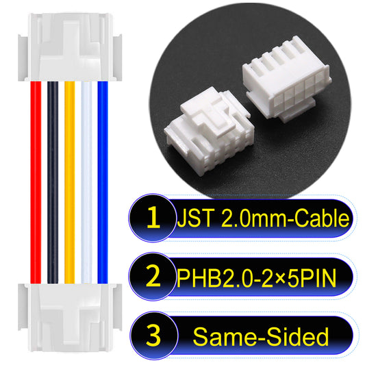 High-quality JST PHB2.0 2¡Á5Pin Same-Side-Head Dual Row with Belt Lock cable ing mechanism, 22AWG UL1007 material, suitable for LED, sensors, and industrial devices.