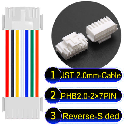 High-quality JST PHB2.0 2¡Á7Pin Reverse-Side-Head Dual Row with Belt Lock cable ing mechanism, 22AWG UL1007 material, suitable for LED, sensors, and industrial devices.