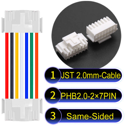High-quality JST PHB2.0 2¡Á7Pin Same-Side-Head Dual Row with Belt Lock cable ing mechanism, 22AWG UL1007 material, suitable for LED, sensors, and industrial devices.