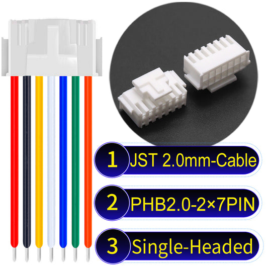 JST PHB2.0 2¡Á7Pin Single-Headed Dual Row with Belt Lock cable , 2.0mm pitch, UL1007-certified PVC, ensuring secure and durable connections for electronics and appliances.