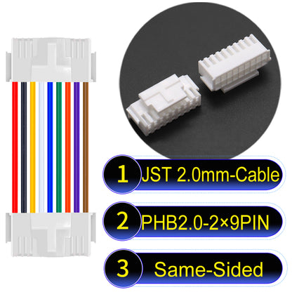 High-quality JST PHB2.0 2¡Á9Pin Same-Side-Head Dual Row with Belt Lock cable ing mechanism, 22AWG UL1007 material, suitable for LED, sensors, and industrial devices.