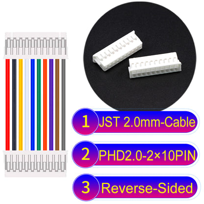 JST PHD2.0 dual-row 2×10Pin Reverse-Side-Head cable, 2.0mm pitch, UL1007-certified PVC, ensuring secure and high-density connections for various applications.