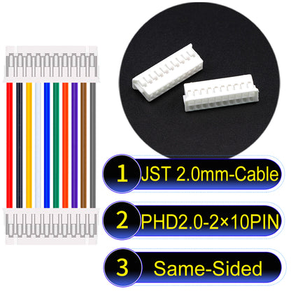High-quality JST PHD2.0 dual-row 2×10Pin Same-Side-Head cable, 22AWG UL1007 material, 2.0mm pitch, perfect for LED, sensors, and industrial devices.