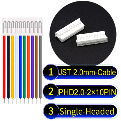 JST PHD2.0 dual-row 2×10Pin Single-Headed cable, 2.0mm pitch, UL1007-certified PVC, ensuring secure and high-density connections for various applications.