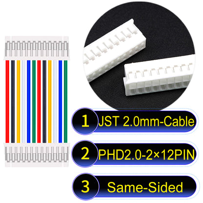 High-quality JST PHD2.0 dual-row 2×12Pin Same-Side-Head cable, 22AWG UL1007 material, 2.0mm pitch, perfect for LED, sensors, and industrial devices.