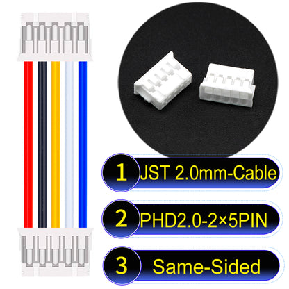 High-quality JST PHD2.0 dual-row 2×5Pin Same-Side-Head cable, 22AWG UL1007 material, 2.0mm pitch, perfect for LED, sensors, and industrial devices.