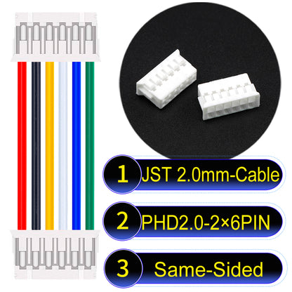 High-quality JST PHD2.0 dual-row 2×6Pin Same-Side-Head cable, 22AWG UL1007 material, 2.0mm pitch, perfect for LED, sensors, and industrial devices.