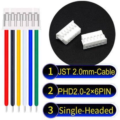 JST PHD2.0 dual-row 2×6Pin Single-Headed cable, 2.0mm pitch, UL1007-certified PVC, ensuring secure and high-density connections for various applications.