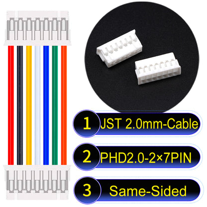 High-quality JST PHD2.0 dual-row 2×7Pin Same-Side-Head cable, 22AWG UL1007 material, 2.0mm pitch, perfect for LED, sensors, and industrial devices.