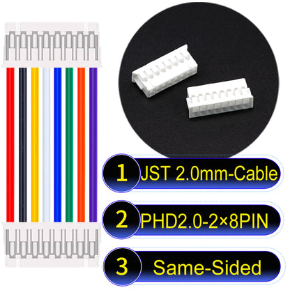 High-quality JST PHD2.0 dual-row 2×8Pin Same-Side-Head cable, 22AWG UL1007 material, 2.0mm pitch, perfect for LED, sensors, and industrial devices.