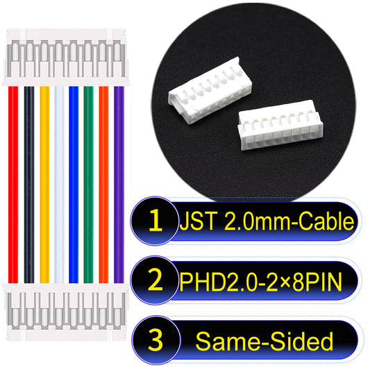 High-quality JST PHD2.0 dual-row 2×8Pin Same-Side-Head cable, 22AWG UL1007 material, 2.0mm pitch, perfect for LED, sensors, and industrial devices.