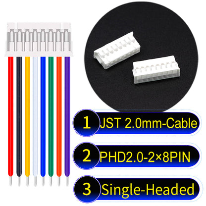 JST PHD2.0 dual-row 2×8Pin Single-Headed cable, 2.0mm pitch, UL1007-certified PVC, ensuring secure and high-density connections for various applications.