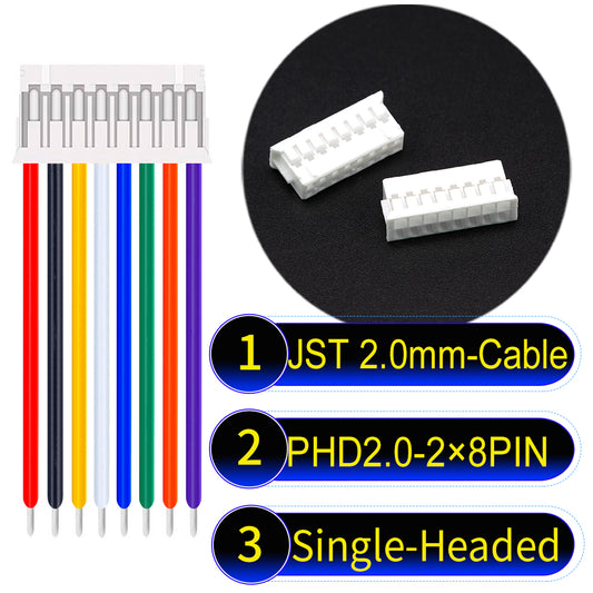 JST PHD2.0 dual-row 2×8Pin Single-Headed cable, 2.0mm pitch, UL1007-certified PVC, ensuring secure and high-density connections for various applications.