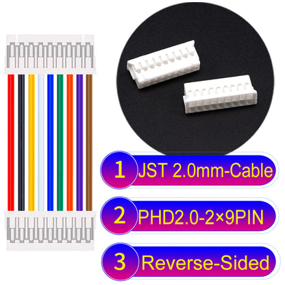 JST PHD2.0 dual-row 2×9Pin Reverse-Side-Head cable, 2.0mm pitch, UL1007-certified PVC, ensuring secure and high-density connections for various applications.