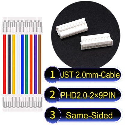 High-quality JST PHD2.0 dual-row 2×9Pin Same-Side-Head cable, 22AWG UL1007 material, 2.0mm pitch, perfect for LED, sensors, and industrial devices.