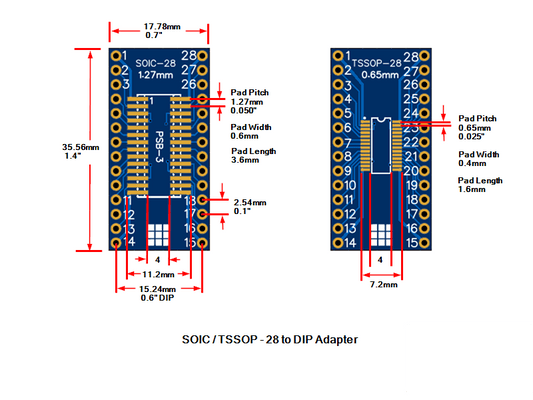 PCB, SOIC/TSSOP-28 to DIP Adapter ENIG (5-Pack)
