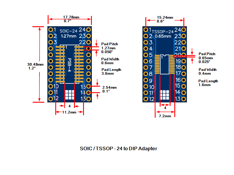 PCB, SOIC/TSSOP-24 to DIP Adapter HASL (5-Pack)