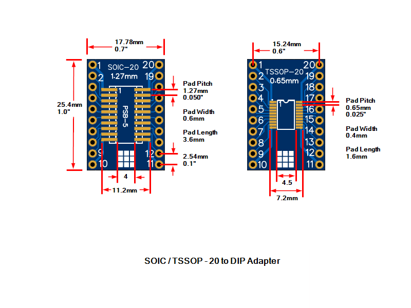 PCB, SOIC/TSSOP-20 to DIP Adapter HASL (5-Pack)