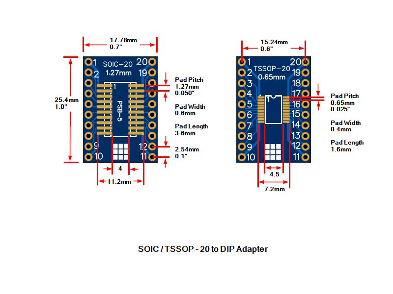 PCB, SOIC/TSSOP-20 to DIP Adapter ENIG w/ Pins