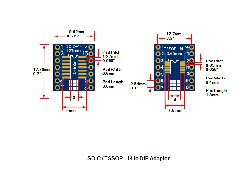 PCB, SOIC/TSSOP-14 to DIP Adapter HASL (5-Pack)