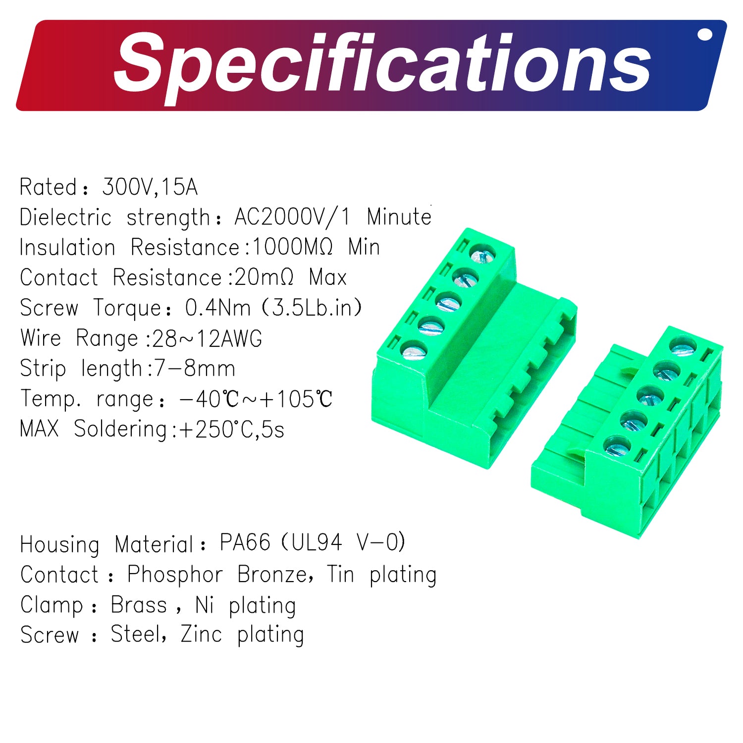 Assembled 5.08mm plug and header terminal block set