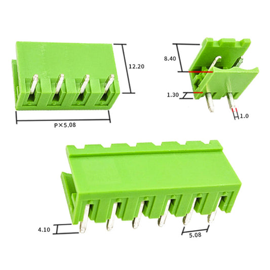 5.08mm green right-angle pin header, front view