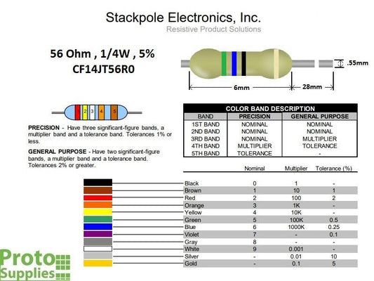 Resistor 56 Ohm 5% 1/4W (25-Pack)